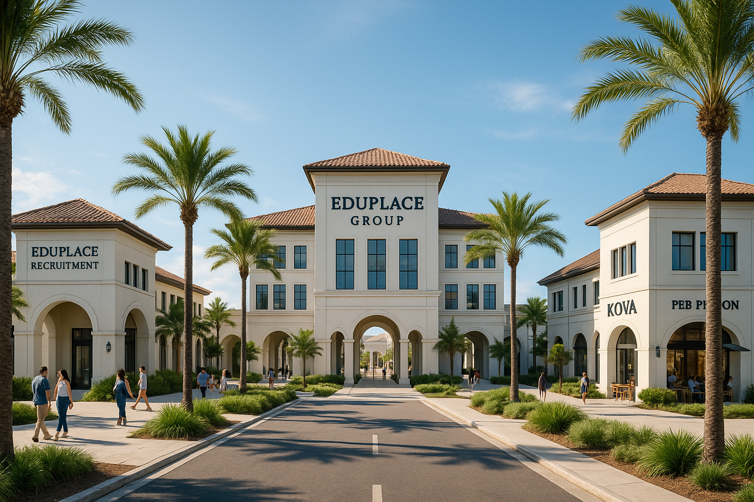 Eduplace Group campus during the day with palm trees and sunlit buildings