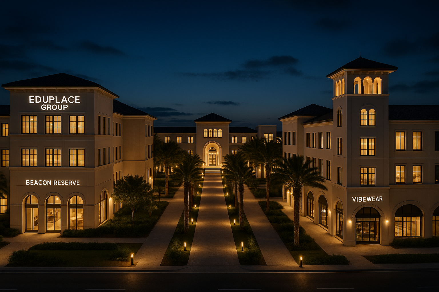 Eduplace Group campus at night with warm lit buildings and palm trees