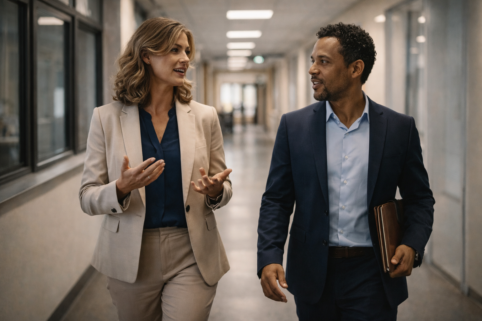 Two professionals walking in a corridor