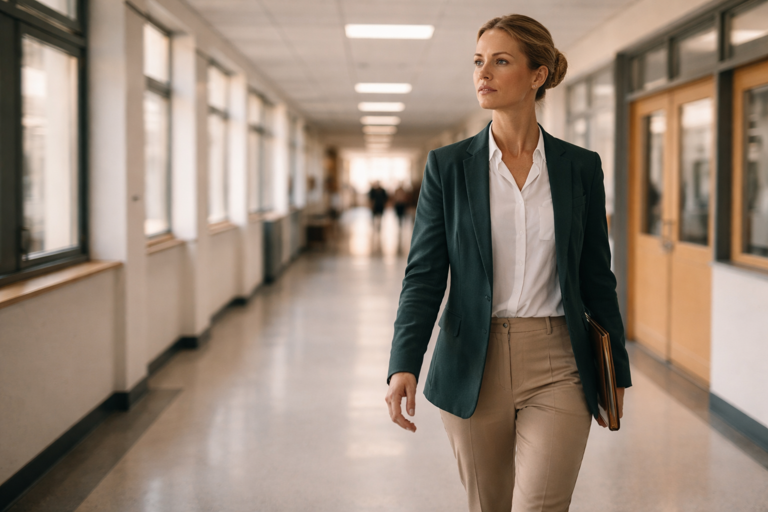 Professional walking through a corridor