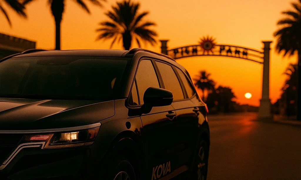 Kova Mobility vehicle at Pier Park, Panama City Beach at sunset