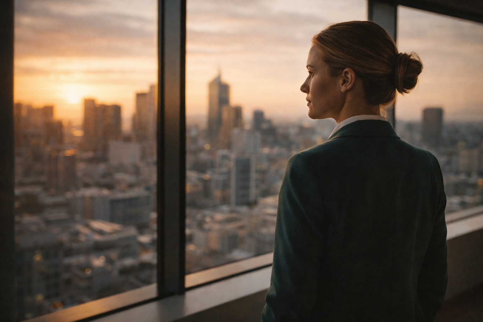 Woman looking at skyline through window