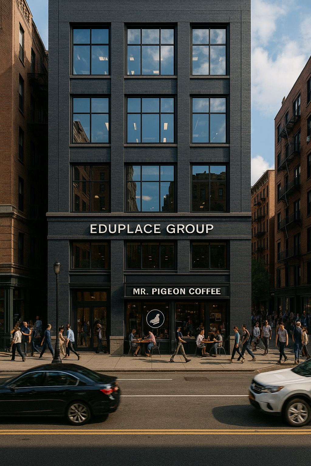 Eduplace Group NYC-style building with Mr. Pigeon Coffee at street level