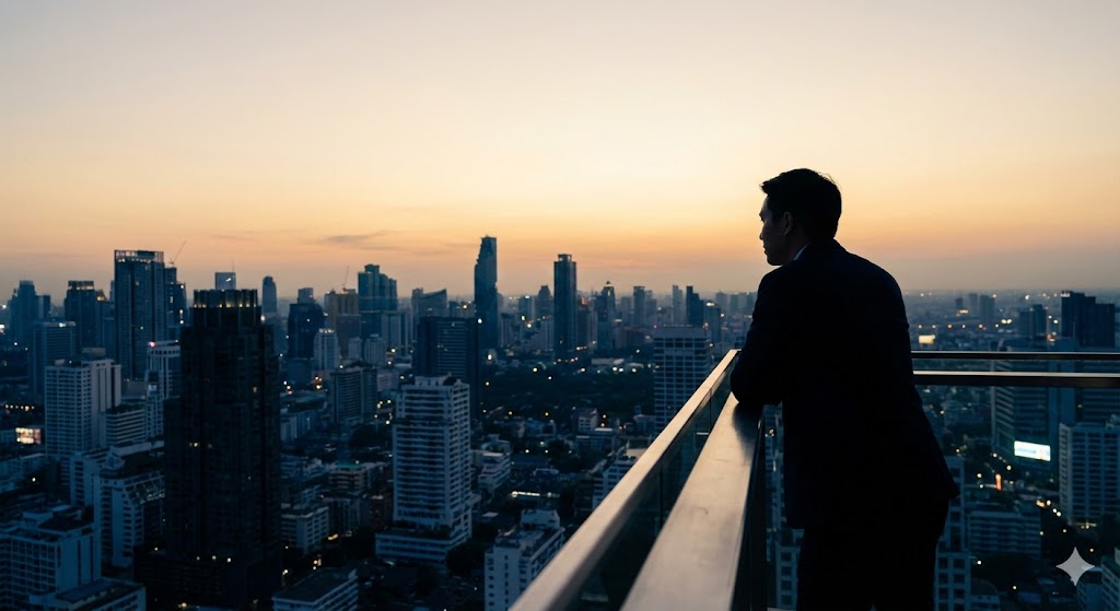 Silhouette overlooking city skyline at dusk